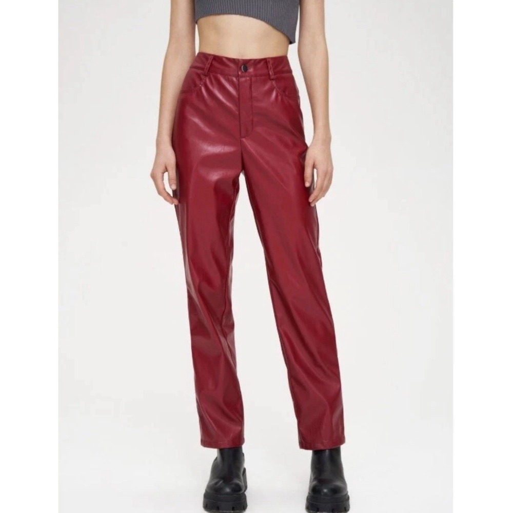 CIDER Womens Size XS or 25 Burgundy Red Faux Leather Straight Trousers Pants NWT